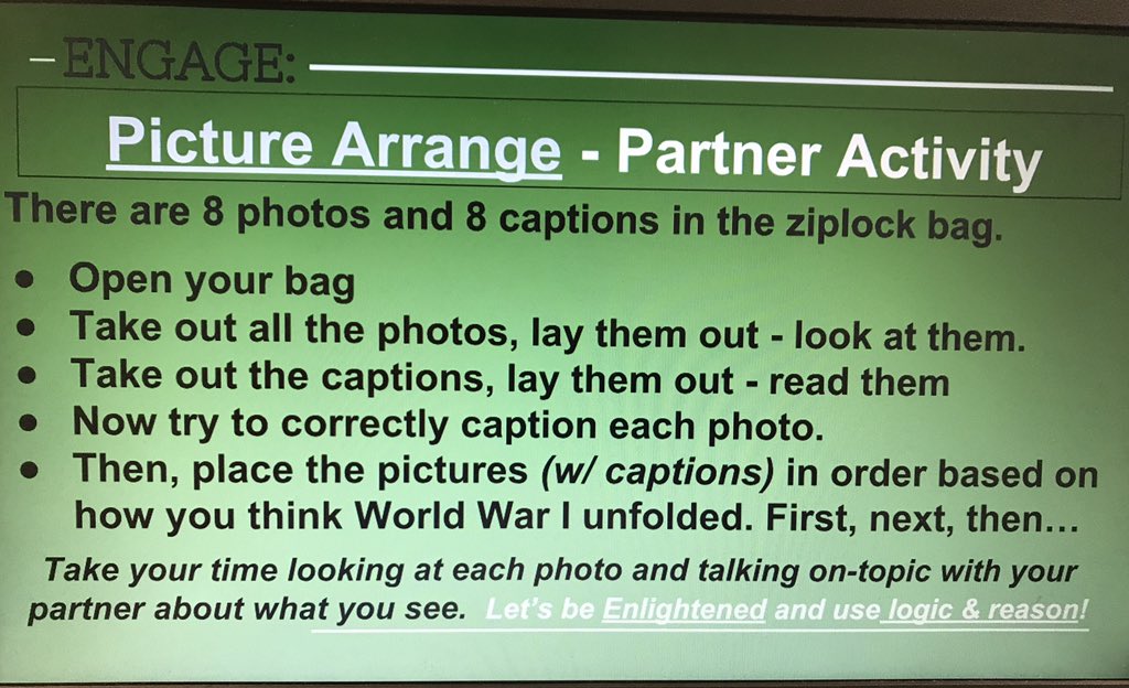 CathleenLacey's tweet image. Second period partnered up to explain the cause and course of World War I by completing a photo / caption arranging activity. #VisualLearning #Discussions #LogicAndReason