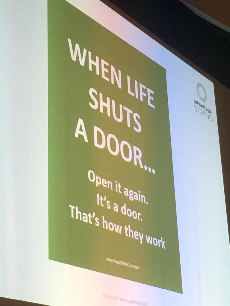 KarenMattison's tweet photo. I love this message shared by @AdvSpringCEO at our #FlexSocial event this morning....I'm going home to share it with my sons...;WHEN LIFE SHUTS A DOOR...Open it again. It's a door. That's how they work! https://t.co/ppmawN70KW