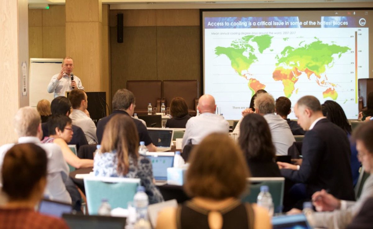 CleanCoolCollab's tweet photo. Setting the context of cooling efficiency: @BrianRMotherway from @IEA illustrates cooling efficiency emissions trends and scenarios; Tina Birmpili, Executive Secretary of the Ozone Secretariat @UNEnvironment addresses the role of energy efficiency in the #MontrealProtocol. https://t.co/KhsoqpIy7i