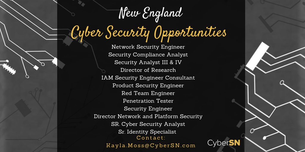 CyberSN_Jobs's tweet photo. Now hiring for multiple #cybersecurity positions in the #NewEngland area. See our open jobs here: https://t.co/78DaN7qE4R #cyberjobs #infosecjobs #informationsecurity #infosec #remotework #AppSec #secengineer #pentesting #securityanalyst https://t.co/XguEI8kKBp