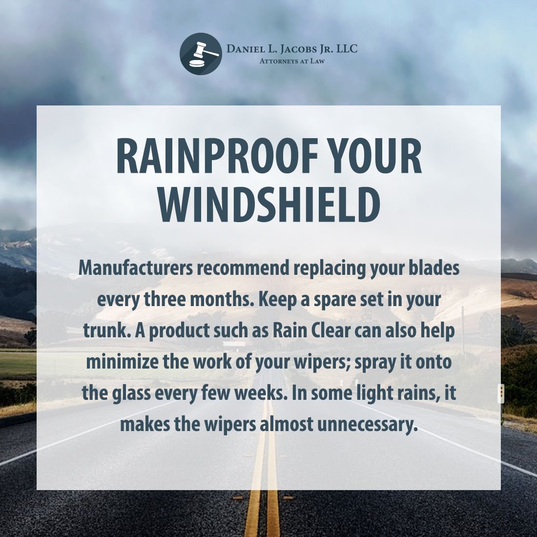 DanielJacobsLaw's tweet photo. Rainproof Your Windshield
Manufacturers recommend replacing your blades every three months. Keep a spare set in your trunk. A product such as Rain Clear can also help minimize the work of your wipers; spray it onto the glass every few weeks. https://t.co/rw8oxJH7wR