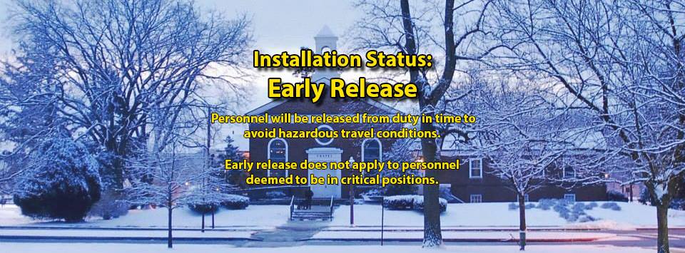 Fort Meade Garrison personnel are authorized to leave work two hours prior to their normally scheduled departure time TODAY, 1/29. Tenant command employees should check with their chains of command regarding departure status. All CDCs on the installation will close at 4 p.m.