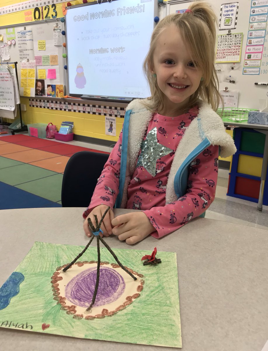 MrsByrne2nd's tweet photo. This awesome 2nd grader brought in and shared a Teepee she made at home. Check out the cute little campfire too! 😚 It’s so cool to see students extend their learning at home! #Lakota #NativeAmericanUnit https://t.co/puvxpYys8g
