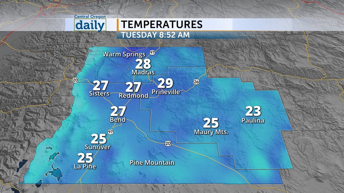 CentralOregonWX's tweet photo. Widespread fog is dense in some areas. Today will be mostly sunny to partly cloudy with another round of cooler temps, topping out in the upper 30s & low to mid 40s. Here is your #SchoolBusForecast. Precip chances hold off for a couple more days. #DriveSafely #ORwx https://t.co/65BiZBfH2M