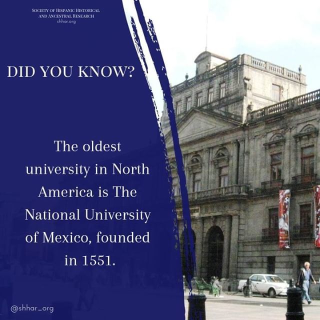 shhar_org's tweet photo. Did you know?
The oldest university in North America is The National University of Mexico, founded in 1551.

#didyouknow #funfact #factoftheday #shhar #genealogy #hispanicgenealogy #unam #NationalAutonomousUniversityofMexico #mexico https://t.co/2XMGIKk3Rs