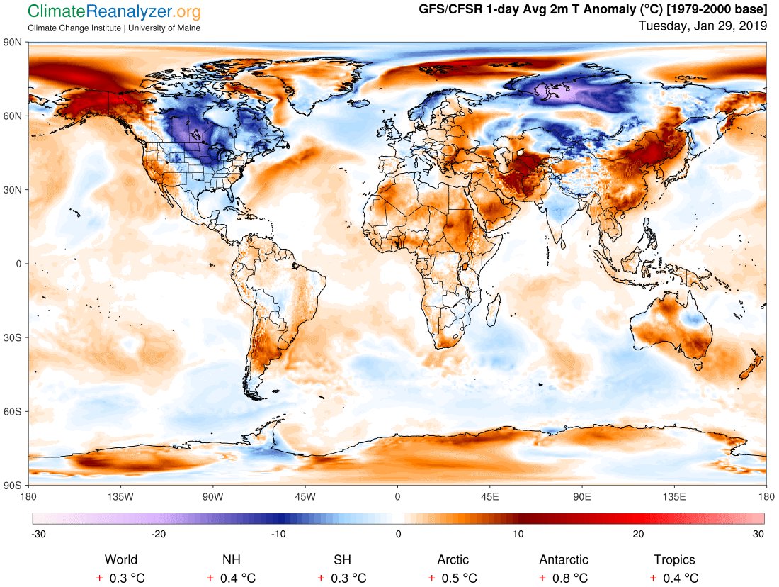 It is dangerously cold in central and eastern US. Yet the planet overall is still 0.3°C warmer than "normal" - and that "normal" is ~0.6°C warmer than pre-industrial times.