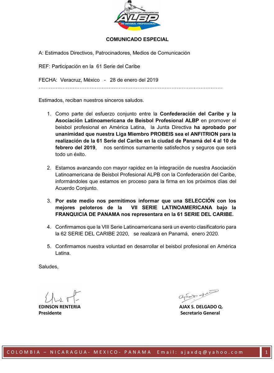 AtlanticoEmi's tweet photo. Comunicado Oficial de la #ALBP sobre la #SerieDelCaribe2019
Vía @SLVeracruz2019
Edinson Rentería es el presidente de la ALBP. https://t.co/fRDWXy54ha
