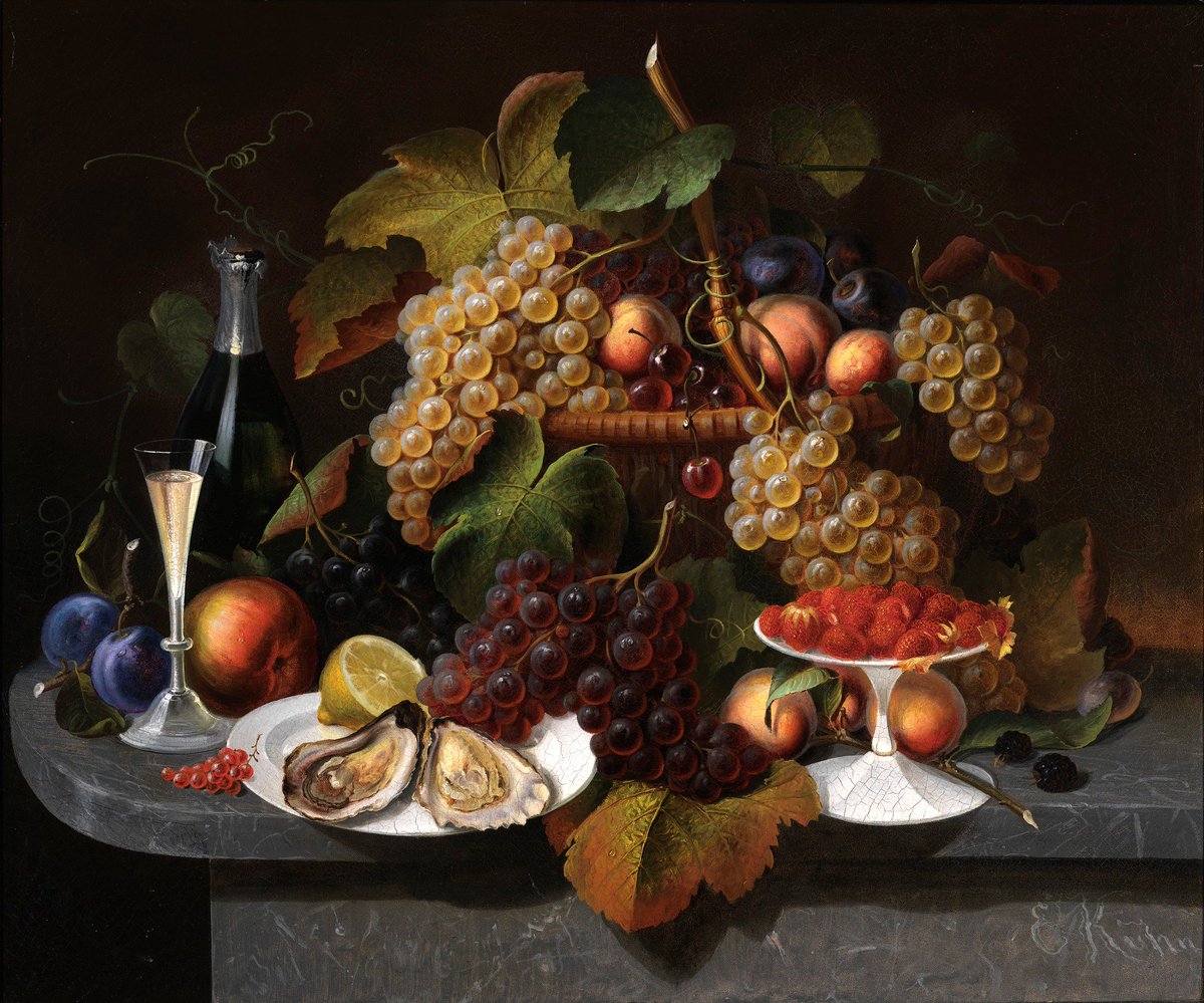 Hey @NPG we're thinking it's the perfect day to eat lunch in the Kogod Courtyard. Join us? Please? 🥰 (Hope you like grapes...) 🍇🍇🍇🍇🍇🍇 Everhart Kuhn, "Still Life with Fruit, Oysters, and Wine," ca. 1865 → https://americanart.si.edu/artwork/still-life-fruit-oysters-and-wine-14041 … #atSAAM