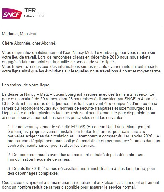 TER_Metz_Lux's tweet photo. Certains abonnés de la ligne (pas tous, allez savoir pourquoi...) ont reçu aujourd'hui ce mail de @TERGrandEst à propos de la situation actuelle... https://t.co/Lp4MqpbC5w