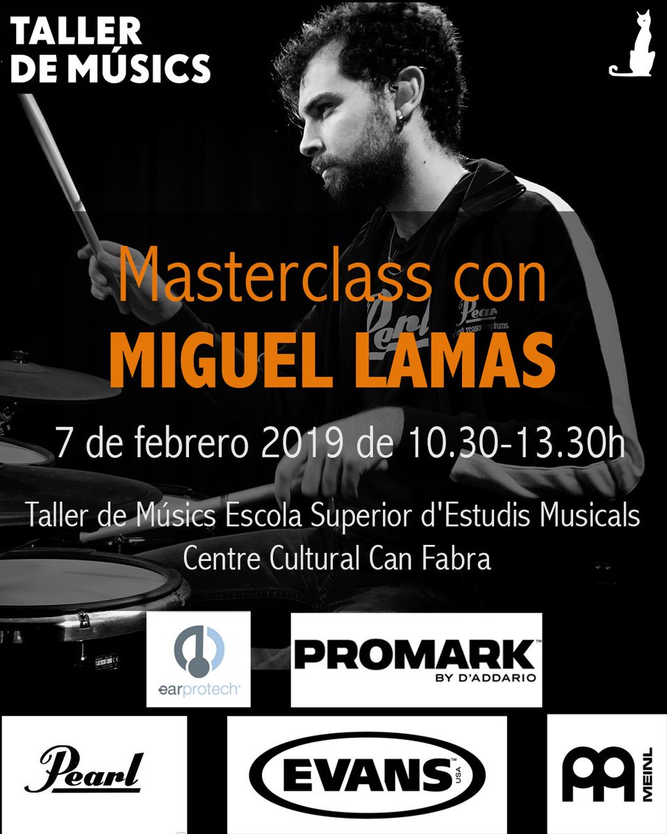 GatoNegroJazz's tweet photo. Un dels bateries més sol·licitats en el nostre pais @MiguelLamas impartirà una masterclass de bateria dins de la #superweek2019 organitzada pel @tallerdemusics. No et perdis l'oportunitat de veure i escoltar els consells d'aquest crack. dj.7 febrer
https://t.co/EbutAsZmNX
#drums https://t.co/RKhwJRNhti