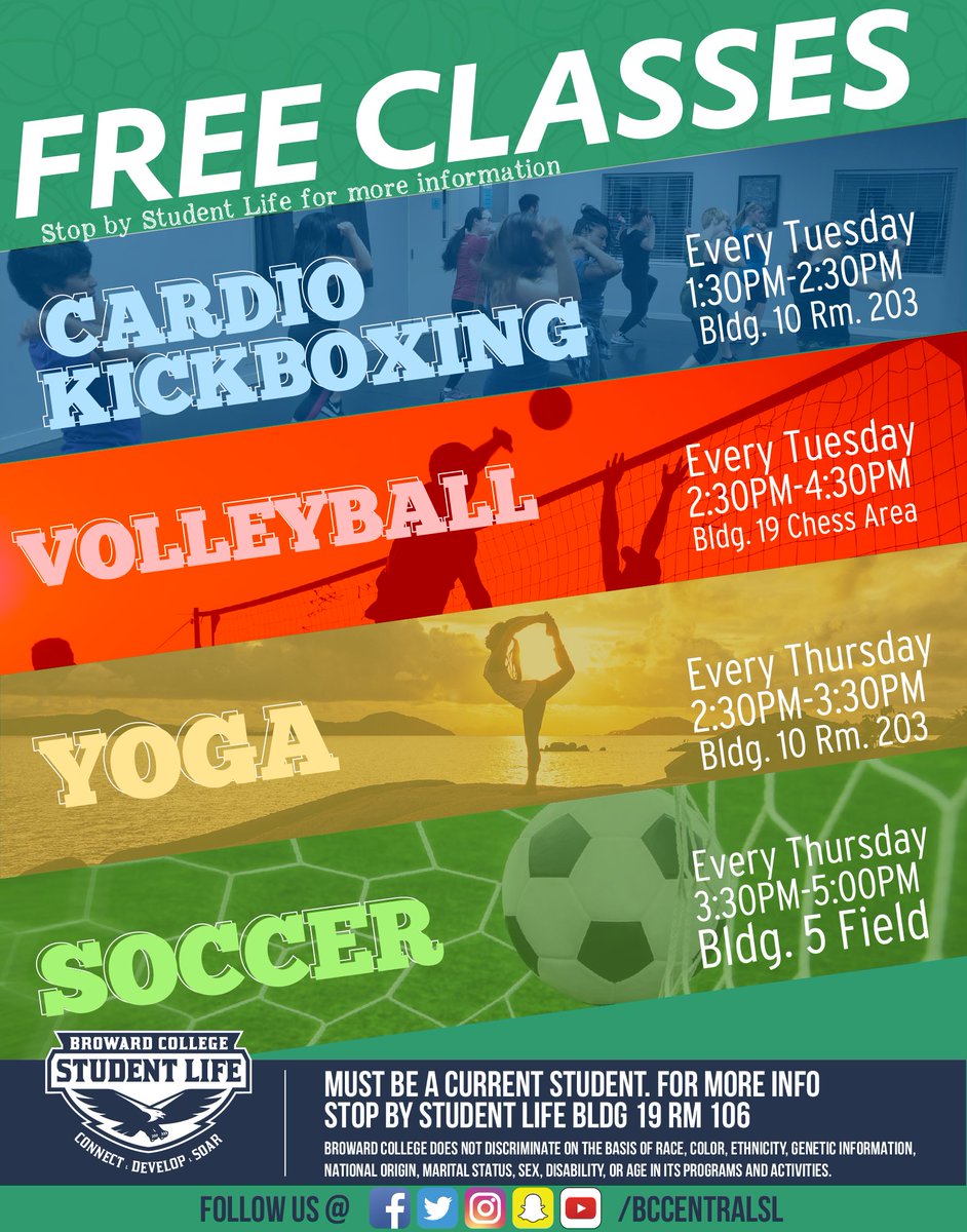BrowardCollege's tweet photo. Hey #Seahawks!
Take advantage of some fun free classes. #CentralCampus is offering a variety of activities to keep you fit throughout the semester. Take in a little kickboxing, volleyball, yoga or soccer. Stop by Student Life for more information.
#BCProud #BCFit https://t.co/i7ibdViSLV
