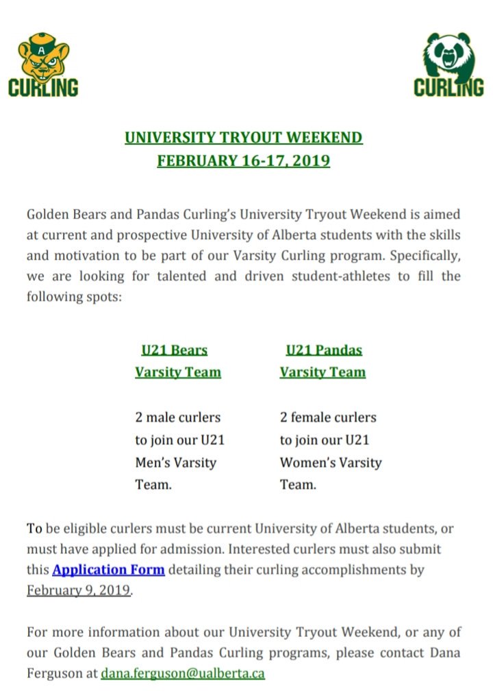Want to be a varsity Golden Bear or Panda??? 

2019 tryout information below! #BearsandPandas #curling