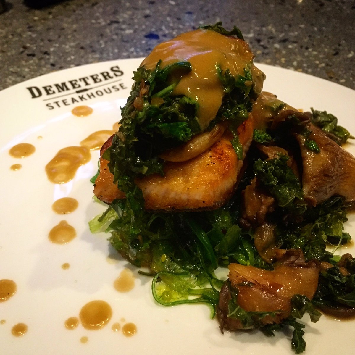 Happy Tuesday, friends! Looking forward to serving you this week. Tonight, try our pan seared salmon entrée with wakame salad, sautéed oyster mushrooms and ponzu sauce. demeterssteakhouse.com