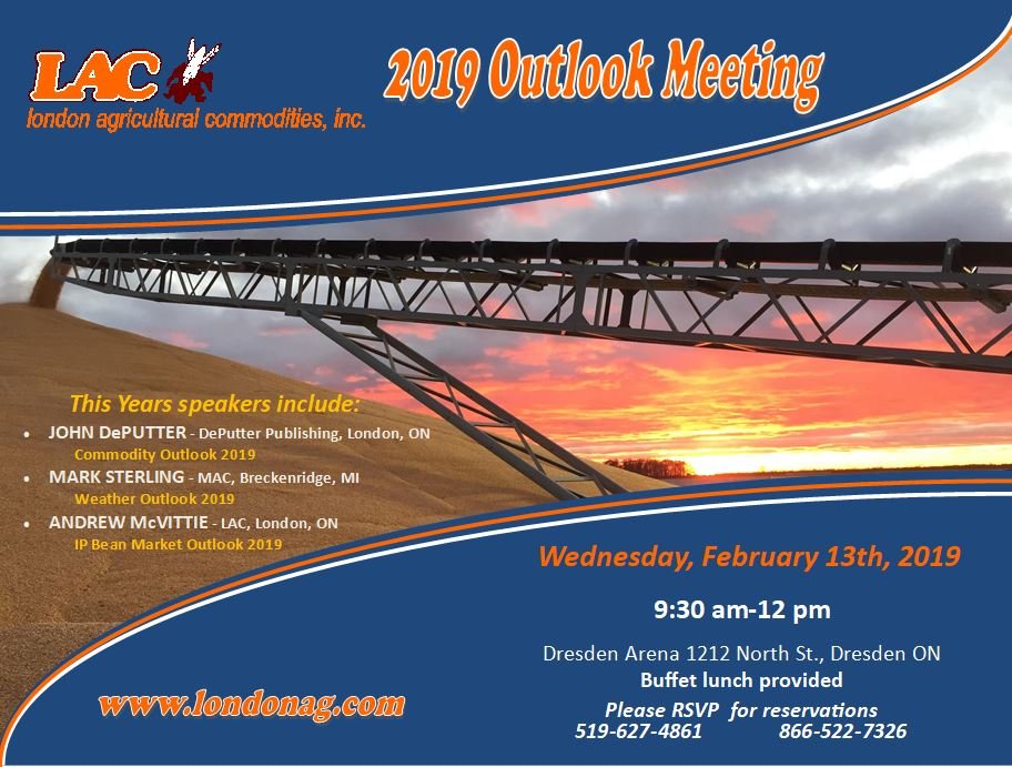 The first installment of the 2019 Outlook Meeting is only 2 WEEKS AWAY!  If you haven't reserved your spot yet, be sure to check in ASAP!  #ontag #corn #beans #wheat