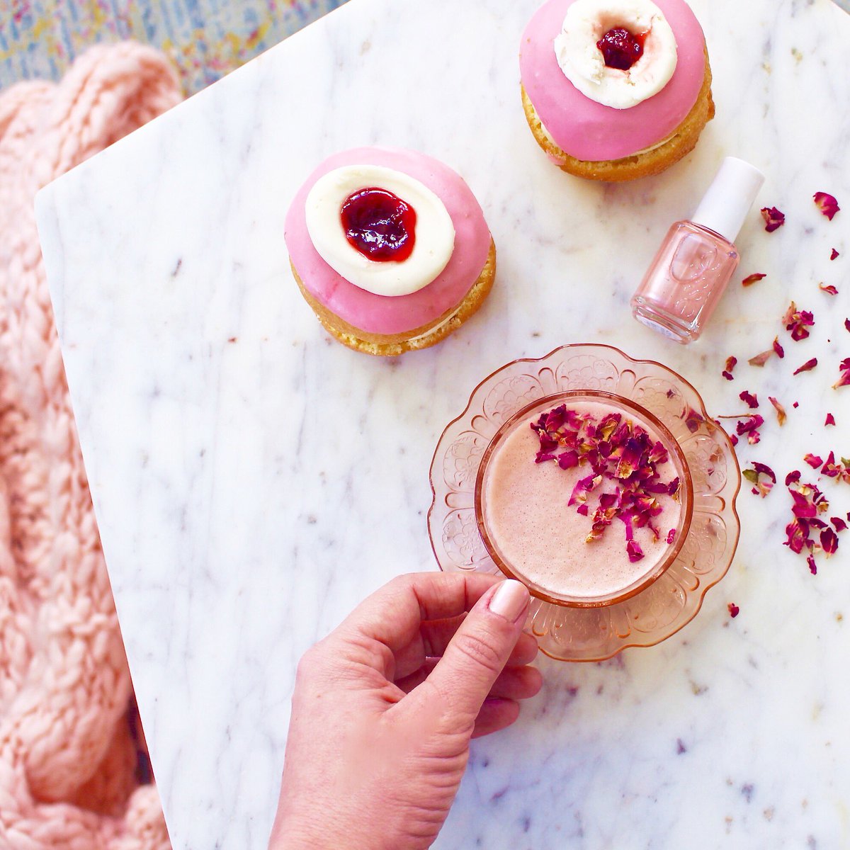 beet black tea lattes &amp; strawberry shortcake sweets plus a pretty in pink manicure to match (with a name that's oh so perfect <a href="/essie/">essie</a>’s "tea &amp; crumpets") - I've teamed up with <a href="/essie/">essie</a> to give away 2 bottles of the rosy polish.  Pop over to Instagram to enter bit.ly/2DFjbdp