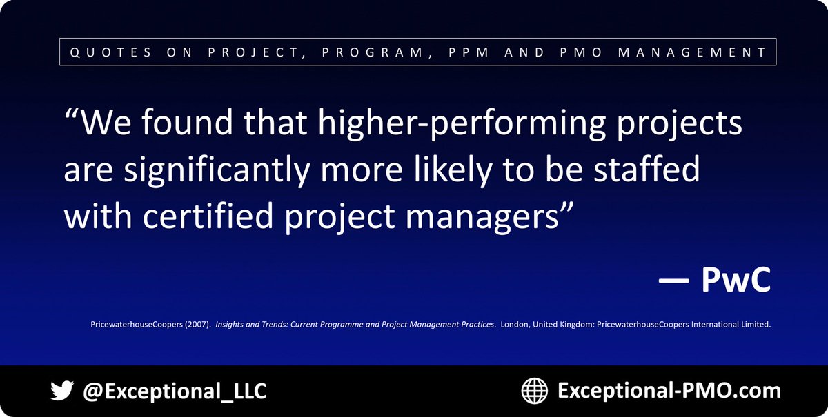 Exceptional_LLC's tweet photo. “We found that higher-performing projects are significantly more likely to be staffed with certified project managers.”
— PwC
#project #projects #projectmgmt #projectmanagement #PMO #projectmanagementoffice #PMP #certification #tech #certifiedprojectmanagers #success #quote https://t.co/e8a4SASFYg