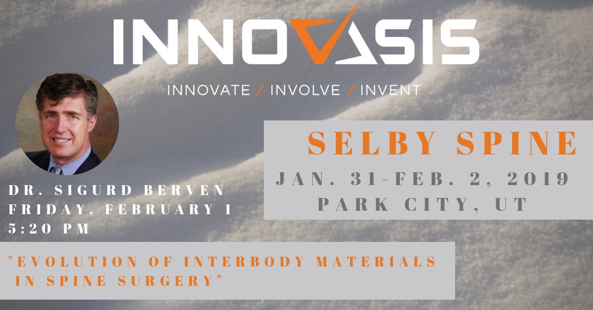 innovasis's tweet photo. Join Innovasis and Dr. Sigurd Berven at the Selby Spine meeting this week in Park City, UT. Dr. Berven will be sharing his clinical experience and more with our #HAPEEK technology. #SelbySpine https://t.co/ld83ffFieu