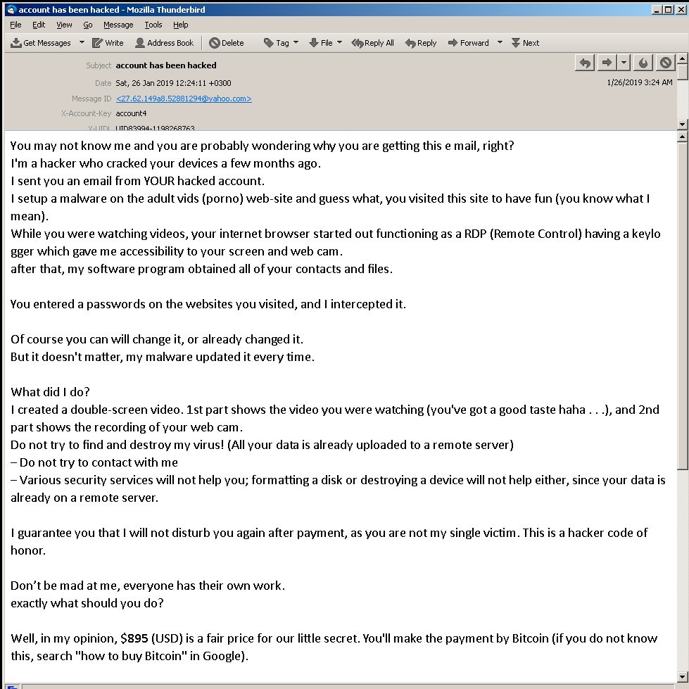 Given the number of emails I get from "hackers" I must have the most-hacked computer on the planet. Nah - they're just emails from scum out to scam. This one's from Argentina. Hackers should be ticked by all the con artists trying to pass themselves off as hackers.
#hackers #scam