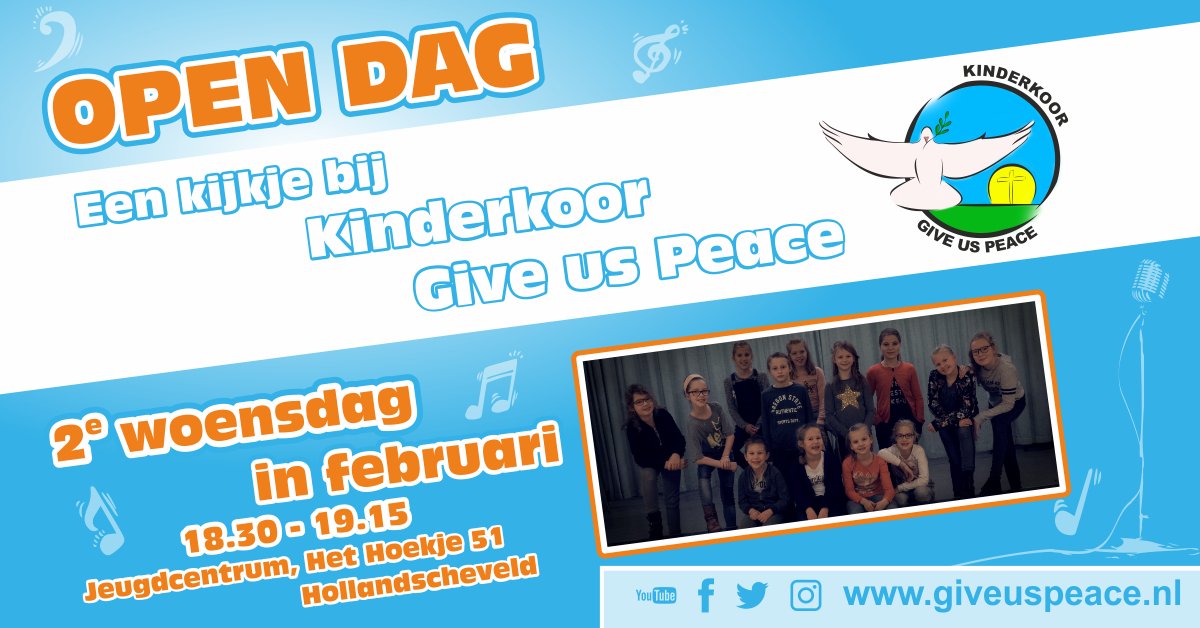 Woensdag 13 februari van 18.30 tot 19.15 uur, houdt Kinderkoor Give us Peace een Open Dag. Jongens en meisjes zijn van harte welkom om met hun ouders te komen kijken (en meedoen) in het Jeugdcentrum in Hollandscheveld.
Een ideale gelegenheid om kennis te maken met ons koor!