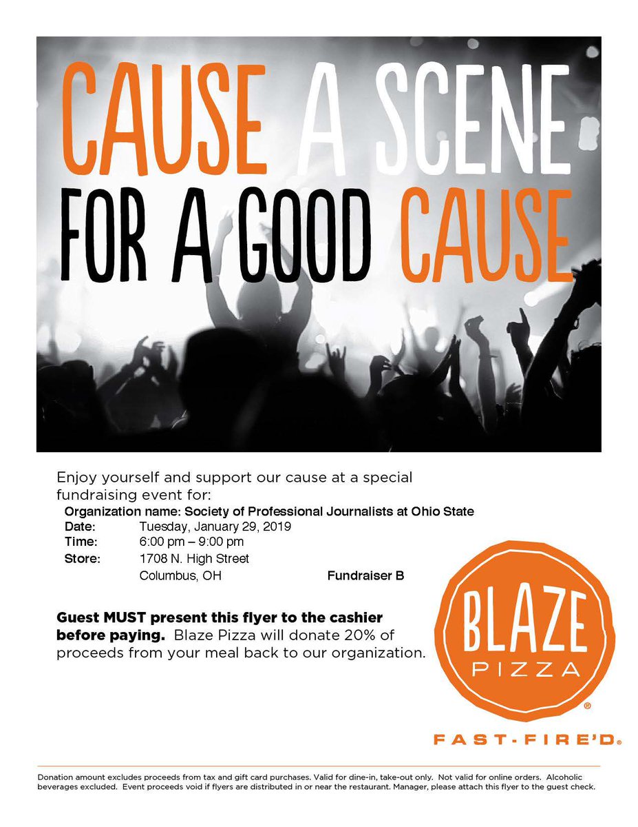 Come out and support us tonight at the Blaze Pizza on High Street from 6-9pm! If you show the cashier this flyer before paying, 20 percent of all proceeds will come back to us which will help us pay for conference fees and future trips!