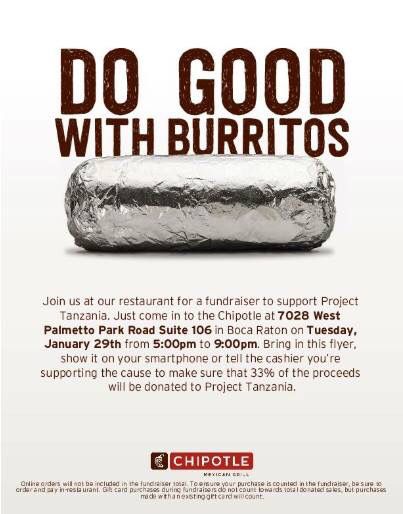 Tonight from 5:00pm-9:00pm, Project Tanzania <a href="/NBPS/">North Beach School</a> will be hosting a SPIRIT NIGHT at everyone’s favorite Mexican spot--Chipotle! Grab a burrito, a bowl, or even some tacos and share some guac with your classmates heading to Africa this Spring! We can’t wait to see you there!