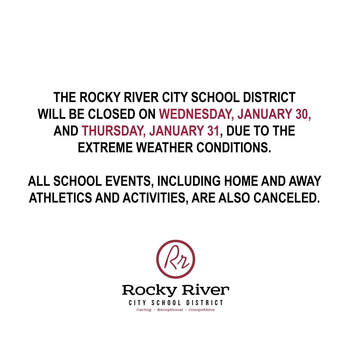 The RRCSD will be closed on Wednesday (Jan. 30) and Thursday (Jan. 31) due to weather conditions.

#RrSchools