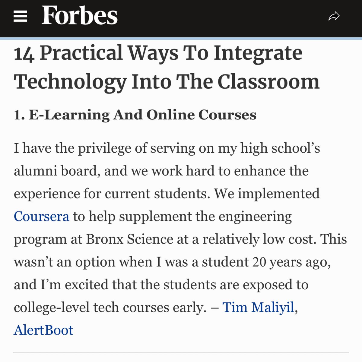 #Forbes mention today - Practical ways to integrate #technology into #education - #edtech #tech #bxscience #bronxscience #coursera #nyc #bronx #stem #elearning   forbes.com/sites/forbeste…