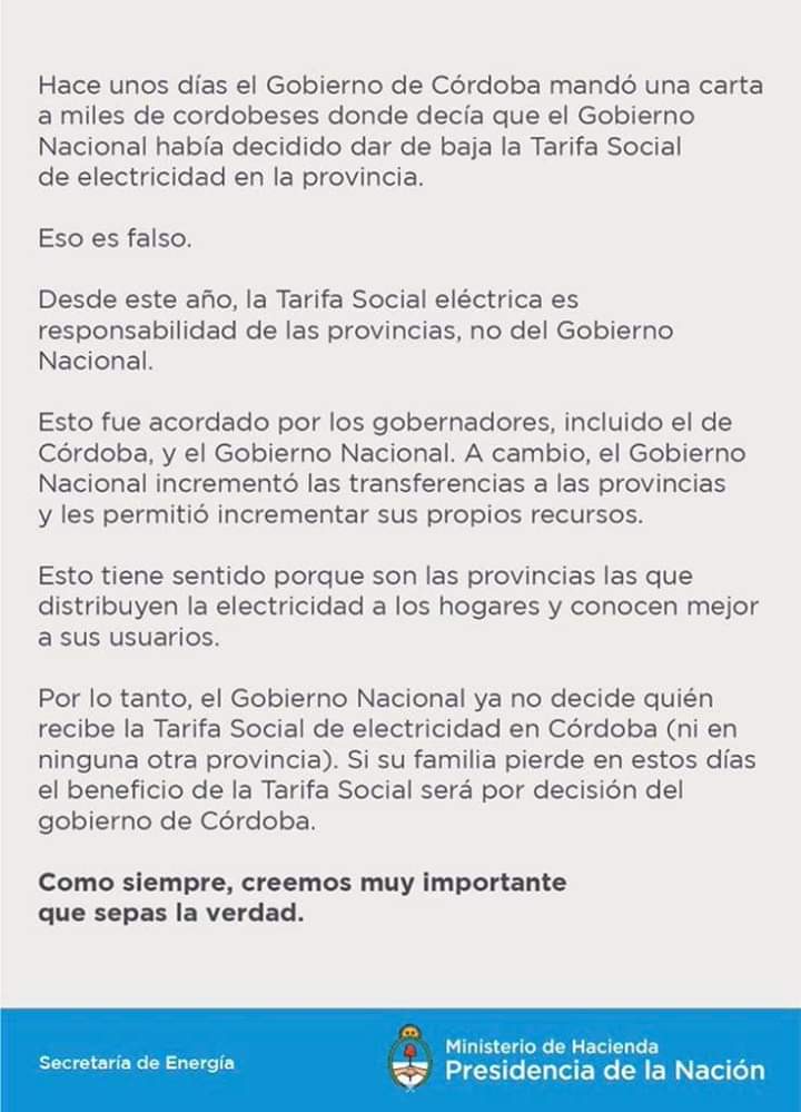 nor_pagano's tweet photo. OTRA MENTIRA QUE SALIÓ MAL 
El Gobierno de Córdoba le quitó el 50% del subsidio a los usuarios que tenían tarifa social eléctrica y quisieron responsabilizar a la Nación. Esto fue denunciado la semana pasada. Hoy el Gobierno Nacional publicó solicitada en medios de Córdoba! https://t.co/keSKpTwzl5