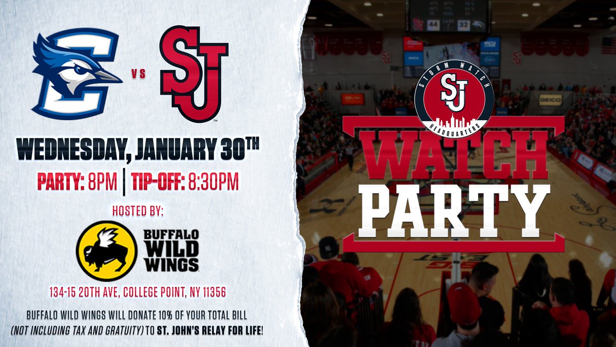 StormWatch_HQ's tweet photo. Join us tomorrow night to watch the Red Storm at Buffalo Wild Wings! Oh yeah, 10% of everyone’s total bill will be donated to St. John’s Relay For Life! #sjubb #wearenewyorksteam https://t.co/gpAW78LE4T