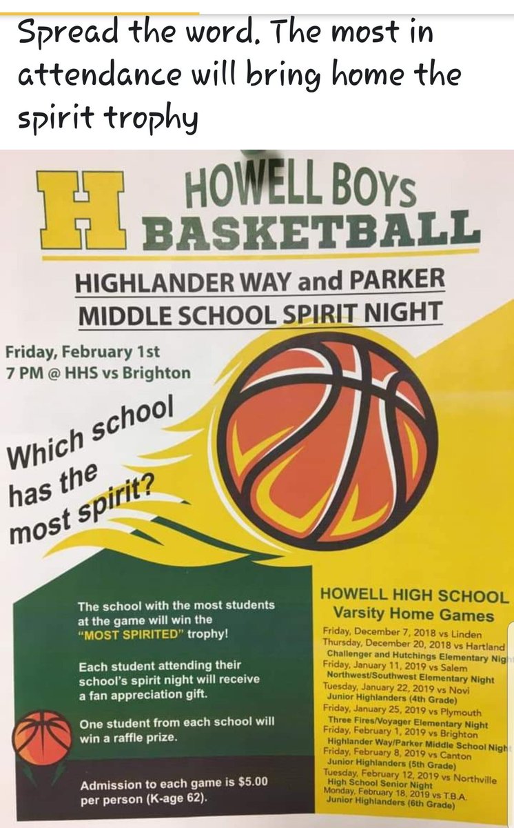 Let's go #teammiddleschool support the Howell boys basketball team on Friday, February 1! Middle School spirit night HWMS vs. Parker
