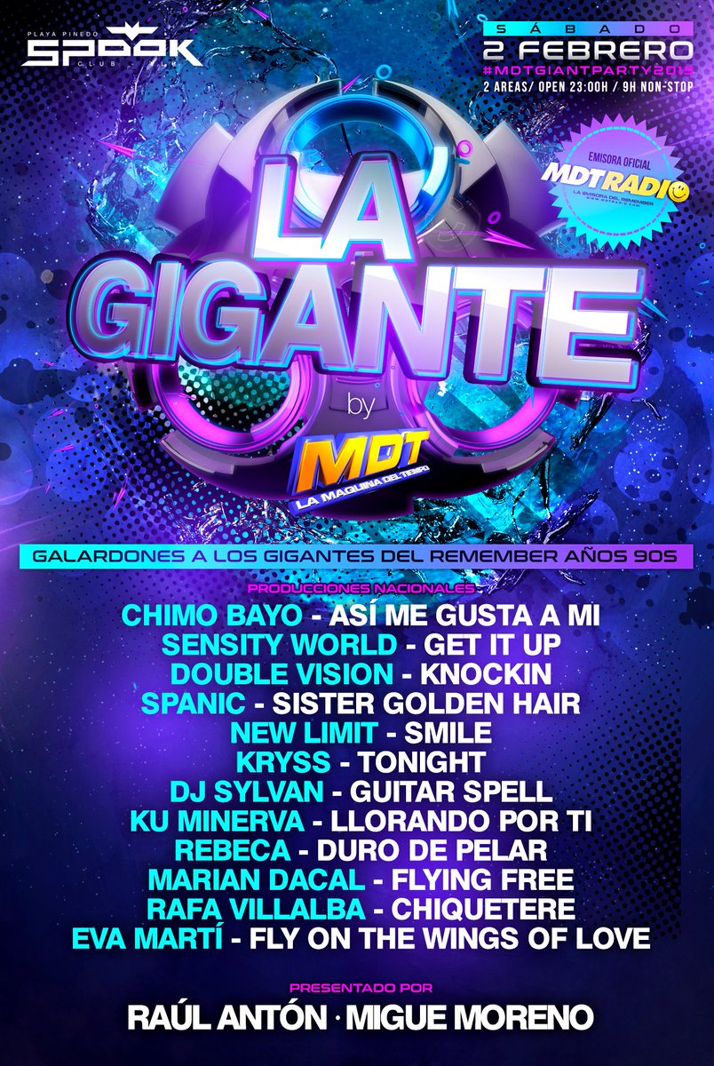 LA GIGANTE by MDT 2019 está a punto de hacer historia. Llega el fin de la entrada anticipada. Si aún no tienes la tuya… AHORA es el momento. ¡Será increíble!
Entradas en sonidomdt.com
Oficinas de Correos
RRPP (Rafa) 663 86 92 69 
RRPP (Laura) 605 92 90 17