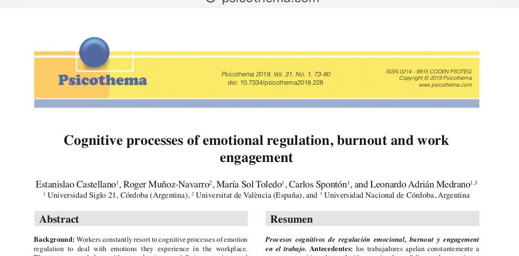 Roger_MuN's tweet photo. Diferentes procesos cognitivos de regulación emocional influyen en el burnout o en el engagement en el trabajo. Mi colaboración con compañeros de Argentina en Psicothema.  https://t.co/yfHRUyUXRM https://t.co/x5Hb14vGtS
