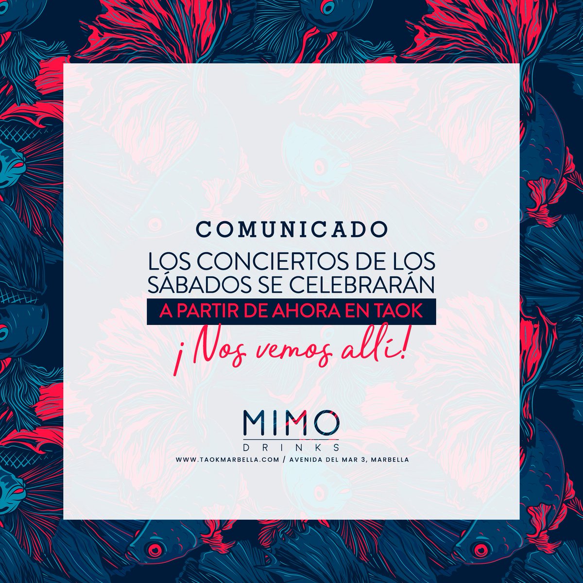 MimoDrinks's tweet photo. 📣COMUNICADO OFICIAL: ¡NOS VAMOS con la música a otra parte!

Los conciertos de los sábados se celebrarán a partir de ahora en TAOK ya que nuestro local cierra sus puertas. ⚠⚠ Misma música, mismos precios, mismo ambiente.☺ Sólo cambiamos el sitio. 

#MIMO #flamenco #party https://t.co/nHqbev5Q5z