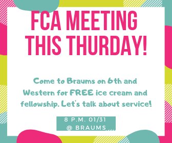 Come join OSU FCA for a change of time and venue this Thursday!