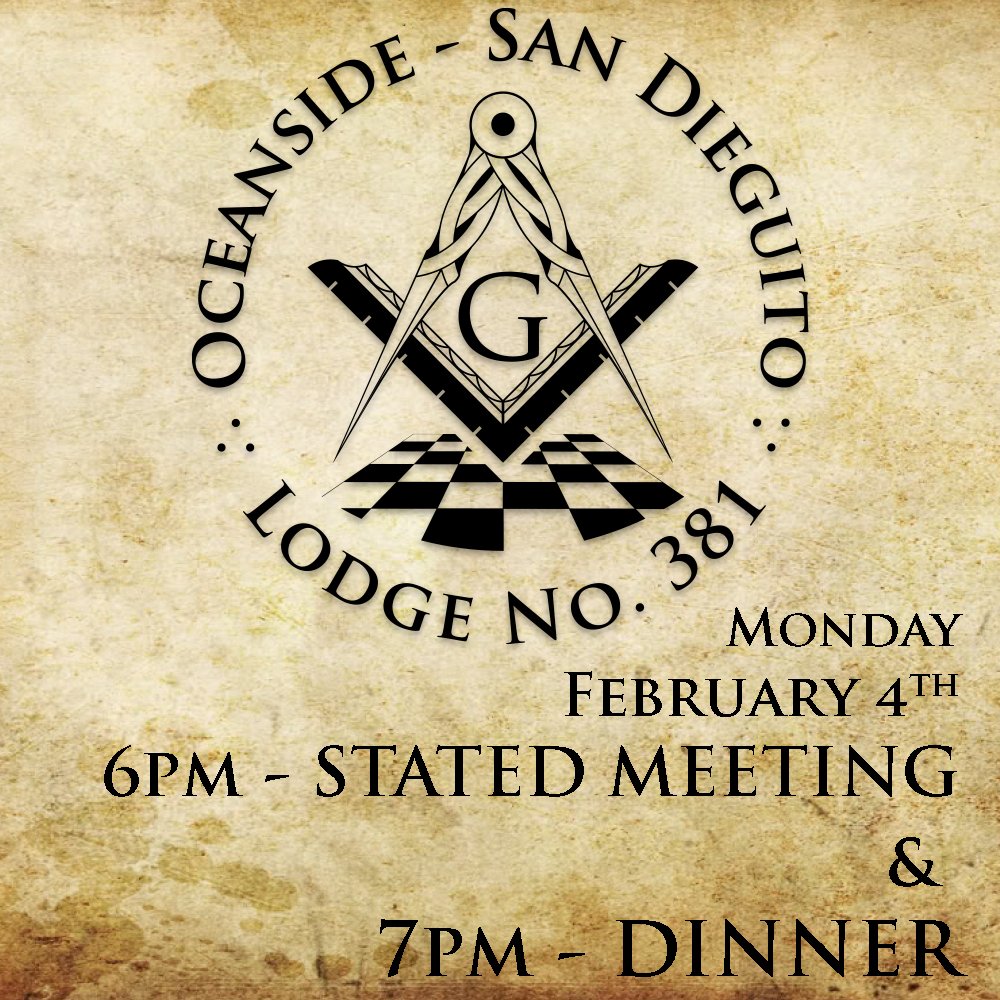oceansidemason's tweet photo. eTrestleboard - February 2019 - https://t.co/4aheKIY1D8 Join us for our Stated Meeting and Official Visit (6pm) and Dinner (7pm) on Monday, February 4! https://t.co/jyVGVD7fs7