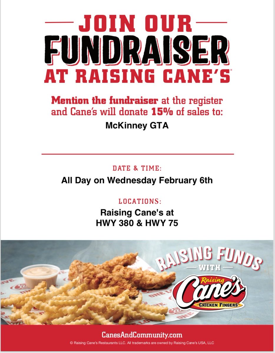 GT Spirit Day is coming!  Stop by Raising Canes at 380/75 any time on Wed 2/6 &amp; mention our McKinney gifted fundraiser, and a portion of the proceeds will go to support our gt programs!  It's a great way to grab your meal for our Brown Bag Lunch that day! #mymisd #misdgt