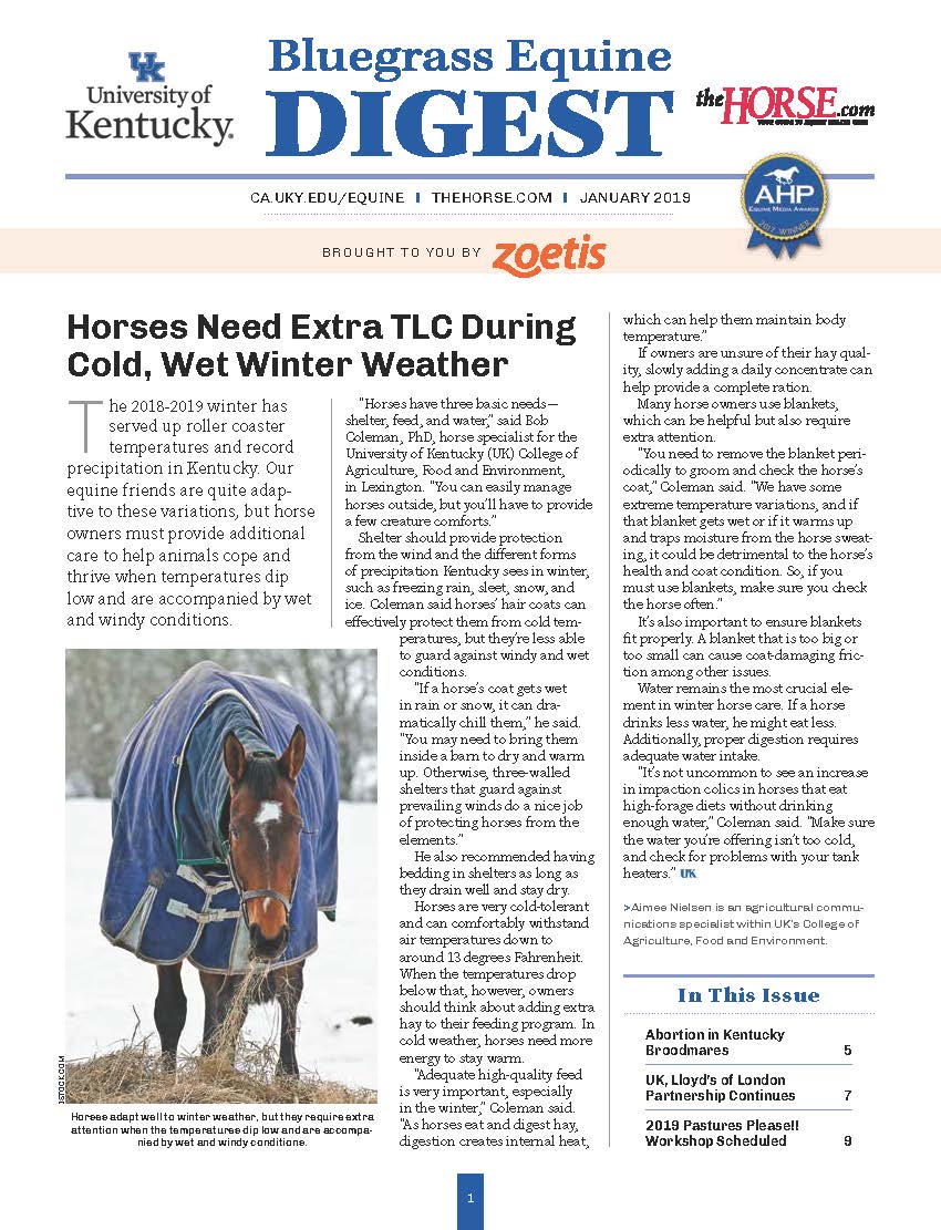 UKAgEquine's tweet photo. The January issue of our #BluegrassEquineDigest is out! Find information about cold weather care, abortion in KY broodmares, Lloyd's of London continued partnership and more! https://t.co/sS0x1DGz0R https://t.co/P57outMpZO