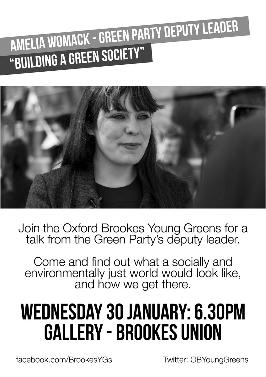 Oxford Brookes Young Greens (@obyounggreens) on Twitter photo Tomorrow - <a href="/Amelia_Womack/">Amelia Womack</a>, Deputy Leader of <a href="/TheGreenParty/">The Green Party</a> will be speaking at <a href="/oxford_brookes/">Oxford Brookes University</a> on "Building a Green Society". Make sure you don't miss out.
6.30pm, The Gallery, <a href="/BrookesUnion/">Brookes Union</a>
RT and come along!
facebook.com/events/2908386… Tomorrow - <a href="/Amelia_Womack/">Amelia Womack</a>, Deputy Leader of <a href="/TheGreenParty/">The Green Party</a> will be speaking at <a href="/oxford_brookes/">Oxford Brookes University</a> on "Building a Green Society". Make sure you don't miss out.
6.30pm, The Gallery, <a href="/BrookesUnion/">Brookes Union</a>
RT and come along!
facebook.com/events/2908386…