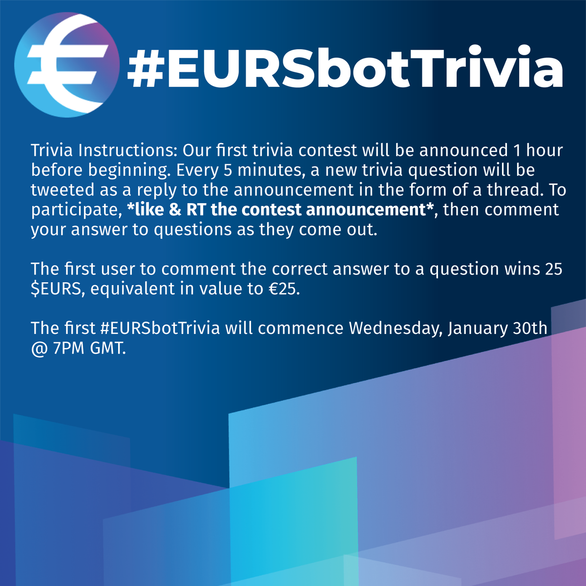 EURSbot's tweet photo. Win 25 $EURS (€25) per question playing our first #EURSbotTrivia game, see you there! 💶🎉

(Questions will relate to the $crypto, #blockchain, and the $EURS. Read about the EURS: https://t.co/DOPiszh8NO) https://t.co/FPY42KZFBO