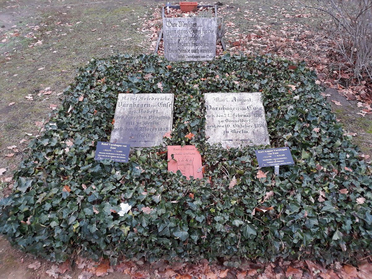 21\\ Rahel Varnhagen was part of the Enlightenment, championing especially Jewish emancipation and the emancipation of women. She has an honorary grave of the state of Berlin at the Friedhöfe vor dem Halleschen Tor. Her husband, Karl August Varnhagen, is buried next to her.