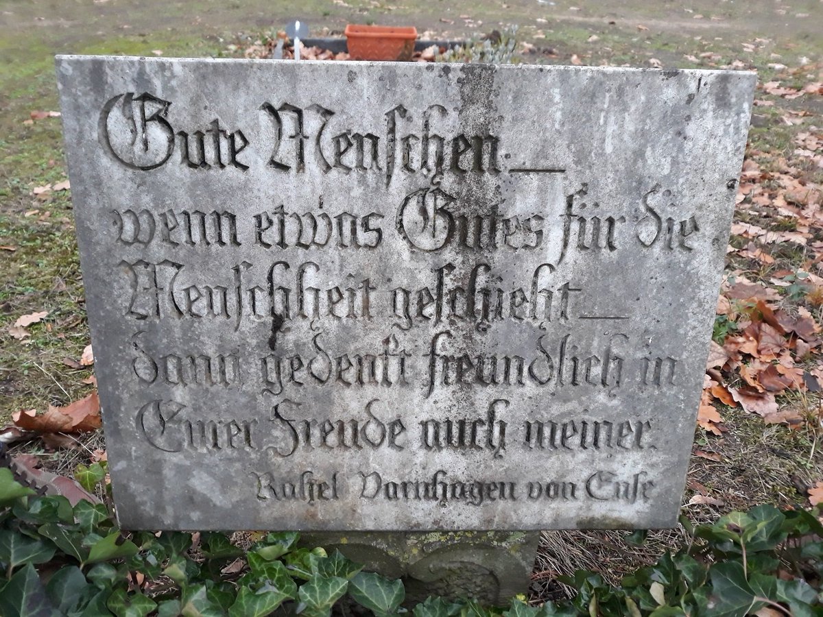 21\\ Rahel Varnhagen was part of the Enlightenment, championing especially Jewish emancipation and the emancipation of women. She has an honorary grave of the state of Berlin at the Friedhöfe vor dem Halleschen Tor. Her husband, Karl August Varnhagen, is buried next to her.