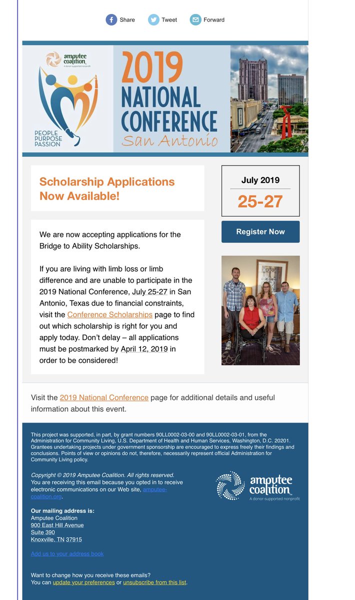 holmes_pc9949's tweet photo. Come join the 2019 National Comference @AmputeesUSA is offering Scholarship Applications Now Available!: https://t.co/u58R4eCFbw https://t.co/0i1dr2qHga
