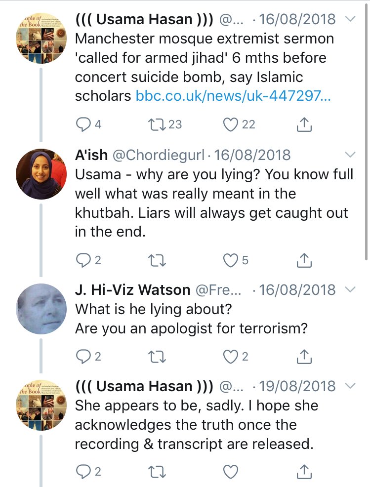 .@drusamahasan needs to apologise to @Chordiegurl. He called her a liar & said she appears to be an apologist for terrorism.

Today #DidsburyMosque was CLEARED of any wrong doing. The BBC need to stop spreading hatred against Muslims by quoting @QuilliamOrg who have 0 credibility