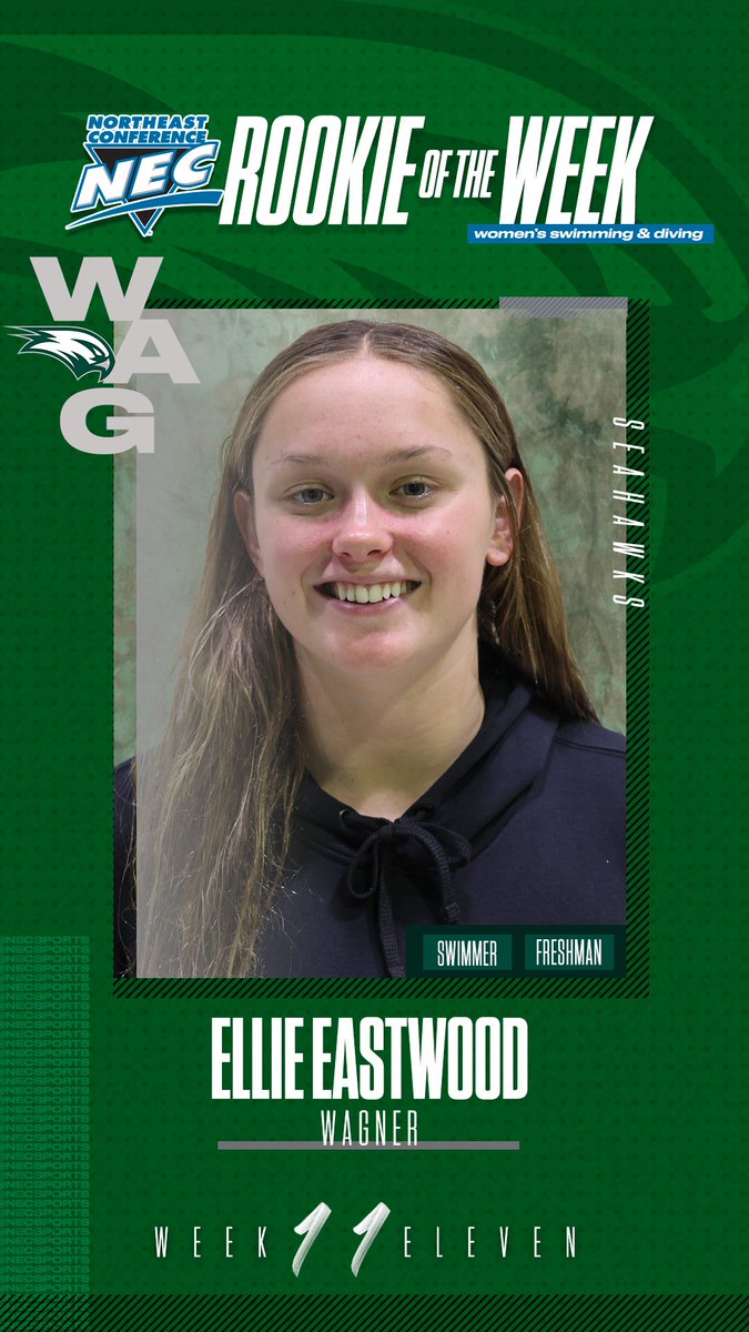 🏅 Official <a href="/NECsports/">NEC</a> Rookie of the Week 

👉 Ellie Eastwood, <a href="/WagnerAthletics/">Wagner Seahawks</a> 

🗒️ Eastwood went 3⃣ for 3⃣ against LIU with wins in both breaststroke events and in the 200 medley relay.  
 #NECPrimePerformer