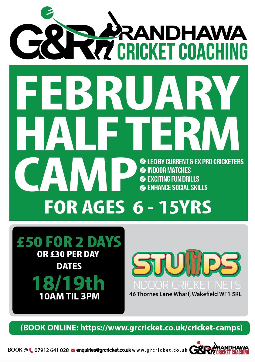 GR_CRICKET's tweet photo. Stuck for somewhere to keep the kids active this feb half term⁉️🤔
•
There are 2️⃣ venues for our G&R cricket camps this Feb half term🏏
•
📍
@CentreHolmfirth
@StumpsIC
•
BOOK NOW⤵️
https://t.co/XuRGmhh0T1
#teamGR🔥
#halftermcricket🏏 https://t.co/uxg9yEdUwU