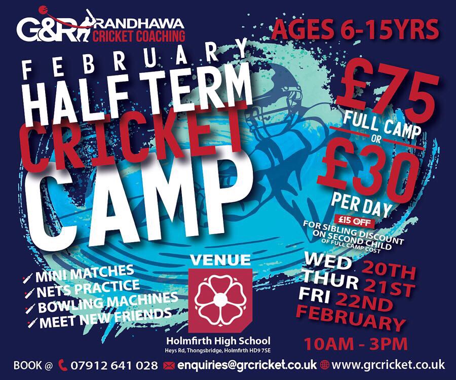 GR_CRICKET's tweet photo. Stuck for somewhere to keep the kids active this feb half term⁉️🤔
•
There are 2️⃣ venues for our G&R cricket camps this Feb half term🏏
•
📍
@CentreHolmfirth
@StumpsIC
•
BOOK NOW⤵️
https://t.co/XuRGmhh0T1
#teamGR🔥
#halftermcricket🏏 https://t.co/uxg9yEdUwU