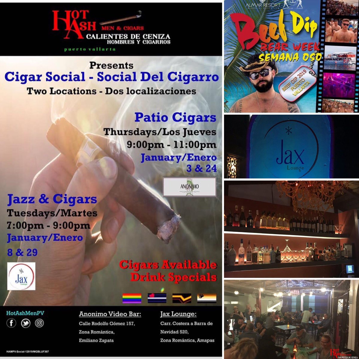 HotAshMenPV's tweet photo. It's #BeefDip in Puerto Vallarta! join us Tonight Tuesday Jan. 29. for a cigar or pipe at #JaxLounge from 7pm- 9pm on the patio. Enjoy a cigar from the well stocked Jax humidor & hand crafted cocktails. #beefdip #cigar #hotashmenpv #gear365 #bluf #blufchicago #oso #bear #cuero https://t.co/1skHrKUs7x