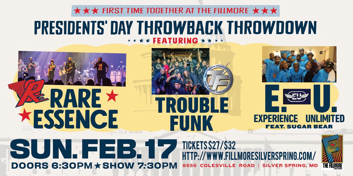 The Presidents’ Day Throwback Throwdown ft
<a href="/REWickedestBand/">Rare Essence</a> <a href="/TroubleFunkBand/">Trouble Funk Band</a> &amp; EU ft <a href="/SugarBearEU/">Sugar Bear</a>  Sun, Feb 17th
Doors Open 6:30pm  Show at 7:30pm
For tickets online  livemu.sc/2CKD3u1
 EARLY SHOW!
 PARKING AVAILABLE!