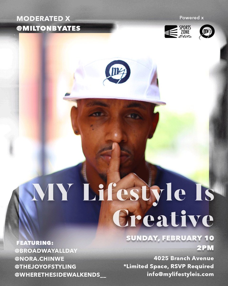 mywebco's tweet photo. MY LIFESTYLE IS: “CREATIVE” powered x @spzn &amp; @mylifestyleis // w/
@broadwayallday
@wherethesidewalkends__
@nora.chinwe
@thejoyofstyling
// SUNDAY 02.10.19 @ 2PM // RSVP: info@mylifestyleis.com // #MYLifestyleIs #MiltonYatesLifestyle #MomentumShift #iMakeShiftHappen #Marketing https://t.co/0dX5TVN2fu