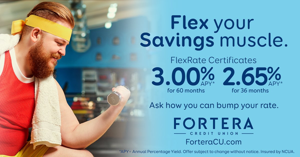 ForteraCU's tweet image. Let Fortera help you with your New Year's SAVINGS GOALS!  Find out how you can take advantage of our FlexRate Certificates that offer the freedom to bump your rate when certificate rates increase.  Learn more: bit.ly/2rq8S5E
#FlexRate #Savings #ForteraCU